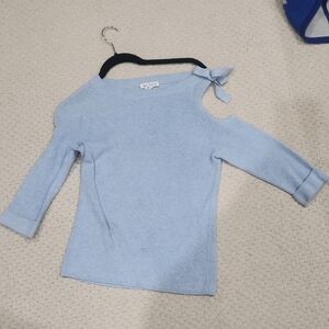 Belford Light Blue women's Sweater with one bare shoulder and Bow Detail